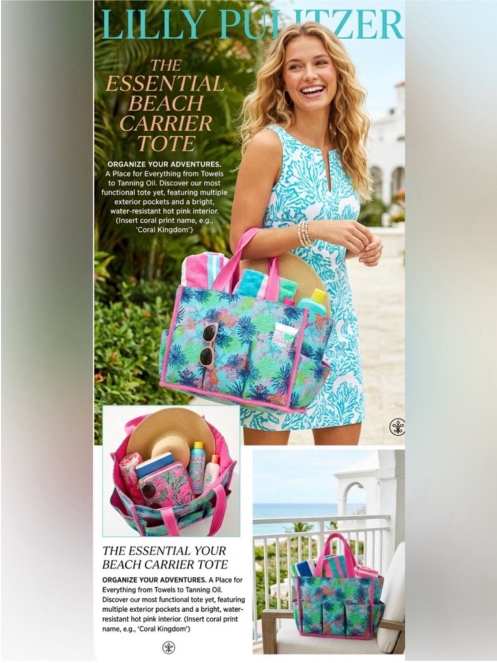 Lilly Pulitzer Pink and Turquoise Palm-Print Utility Tote